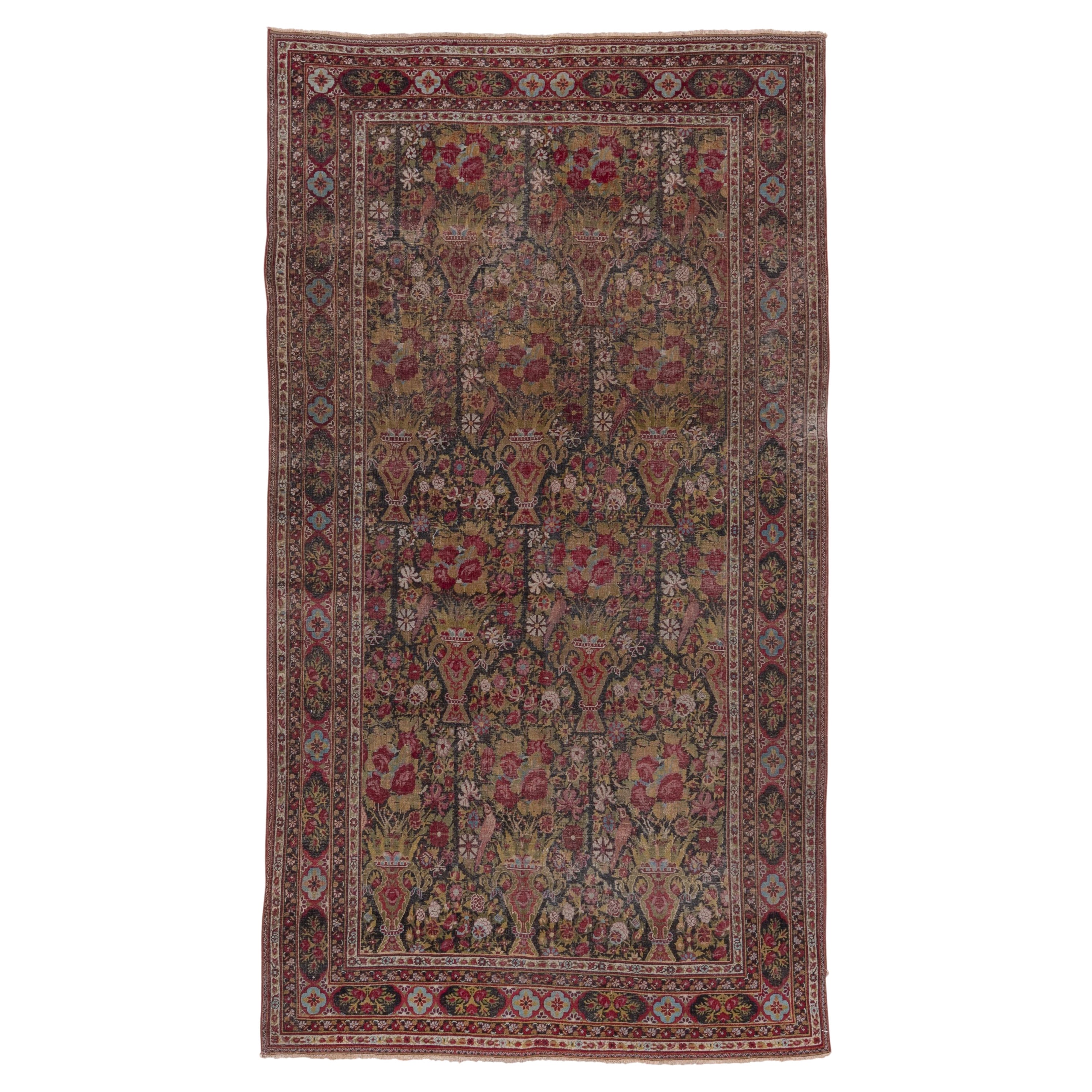 Finely Woven Antique Indian Agra Rug, Vase Design Field, Wine & Chartreuse Tones For Sale