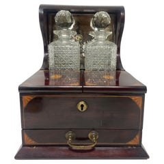 Antique English Cut Crystal Two-Bottle Tantalus & Mahogany Games Box, Circa 1890