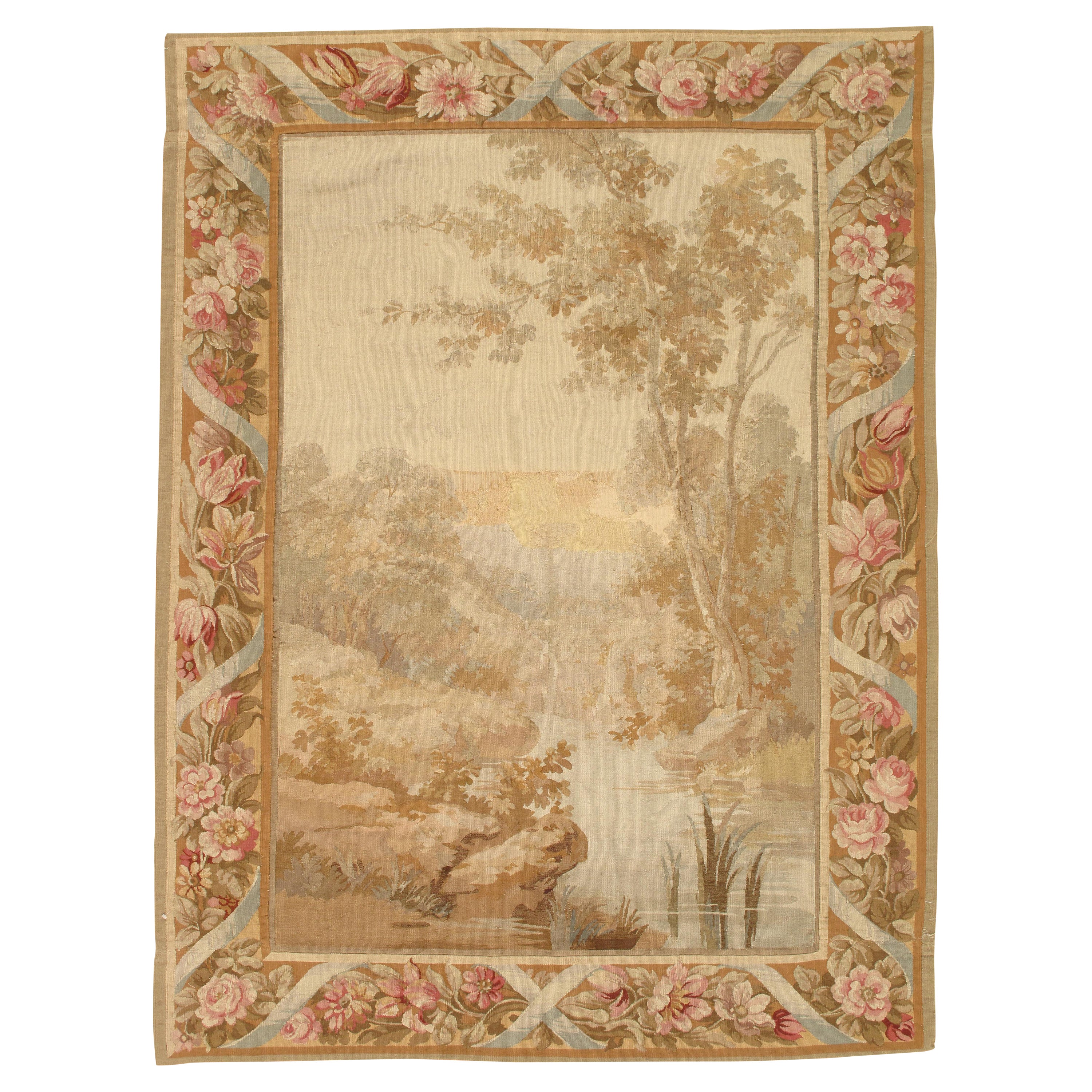 19th Century Aubusson Tapestry, Handmade, Ivory, Taupe, Cream For Sale