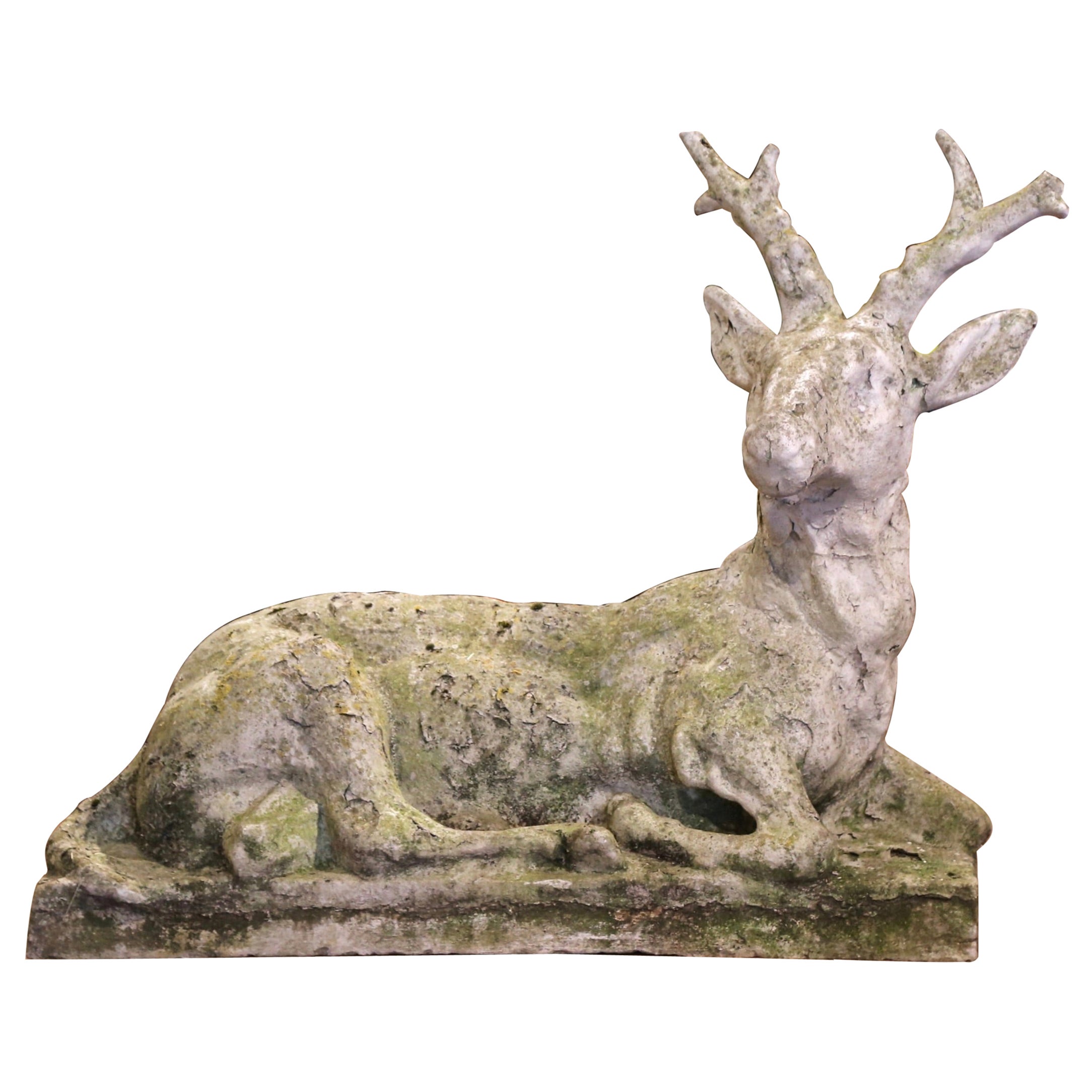 19th Century French Weathered Carved Stone Deer Sculpture Garden Statuary