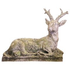 19th Century French Weathered Carved Stone Deer Sculpture Garden Statuary