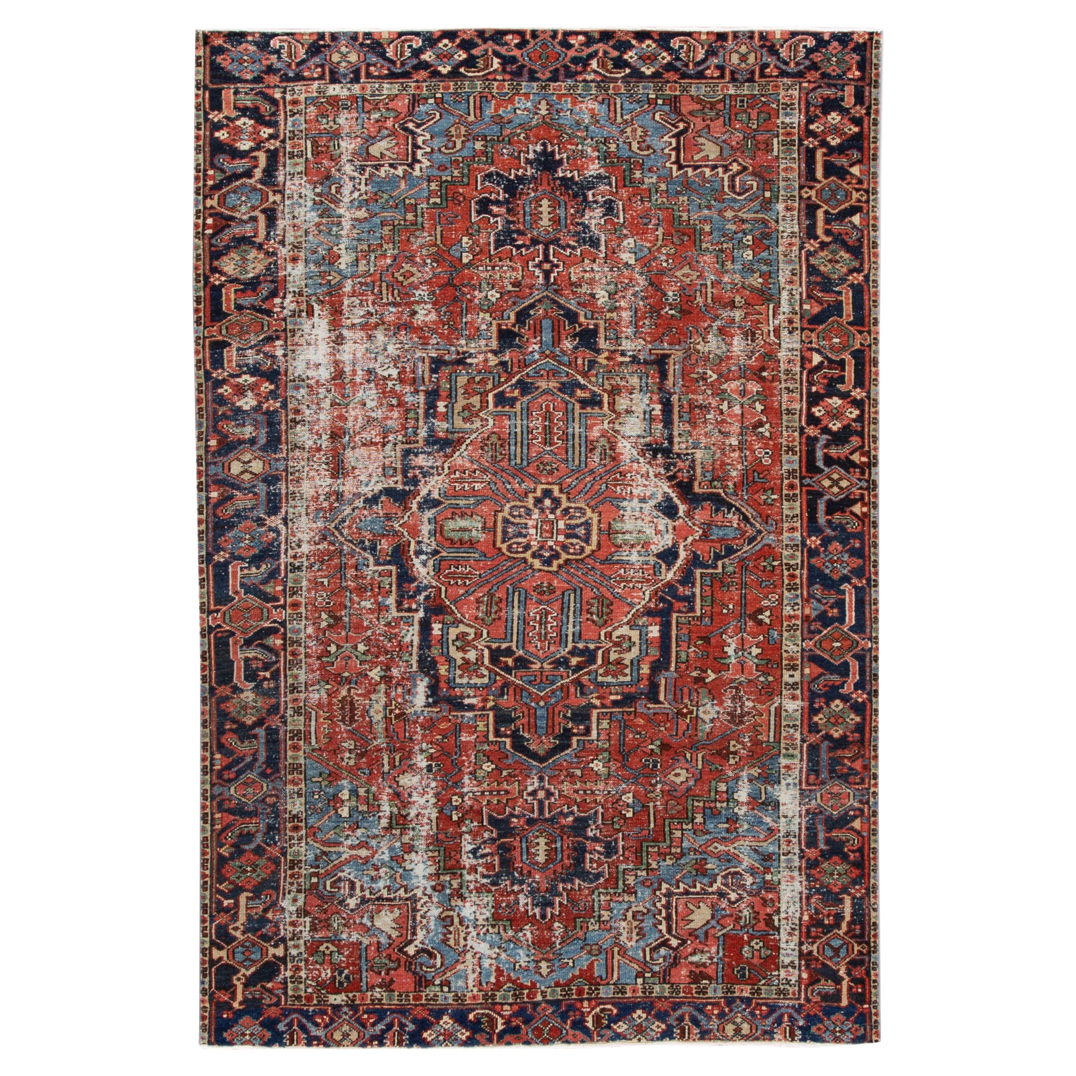  Red Antique Persian Heriz Handmade Wool Rug with Medallion Design