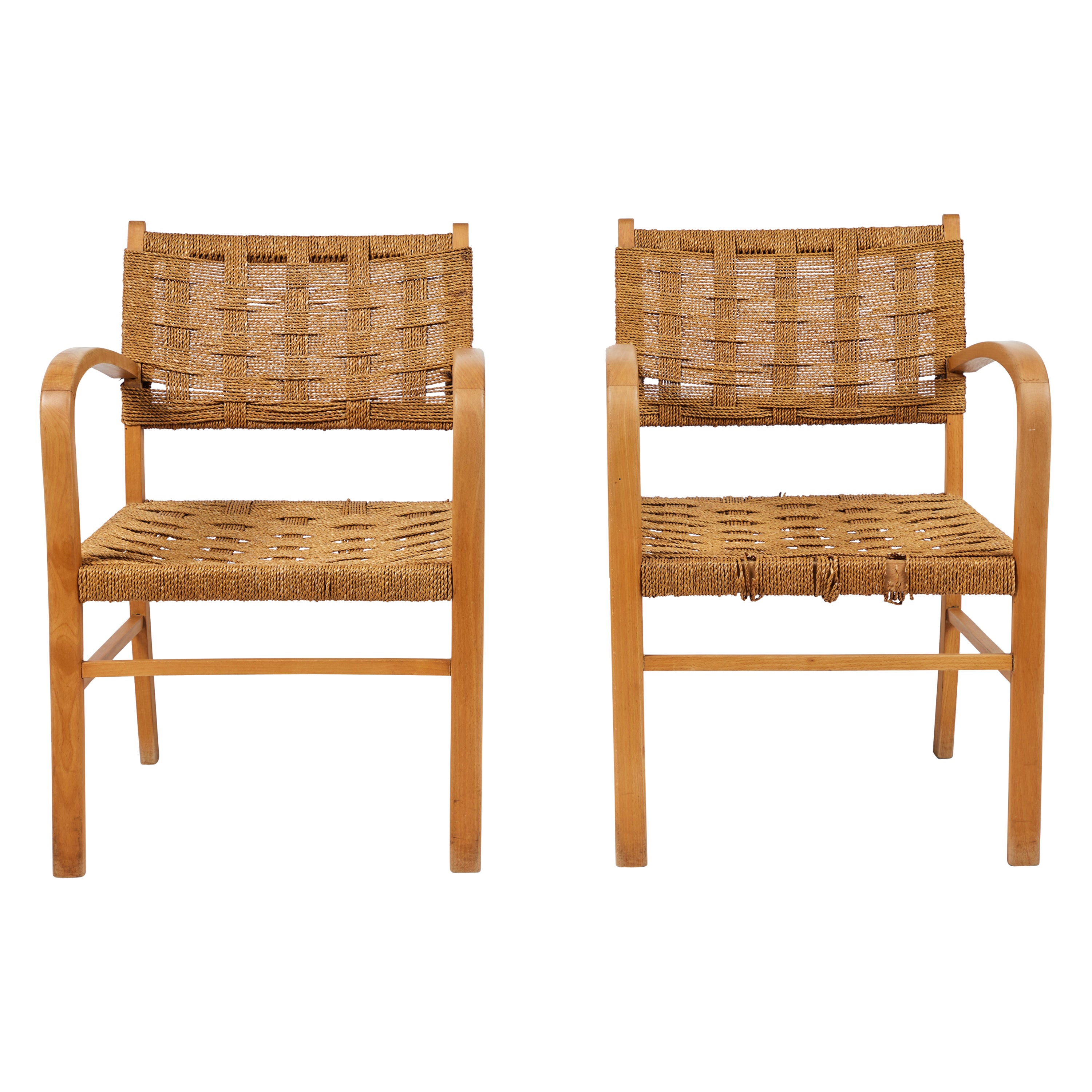 Pair of Mid-Century French Oak & Rope Woven Arm Chairs