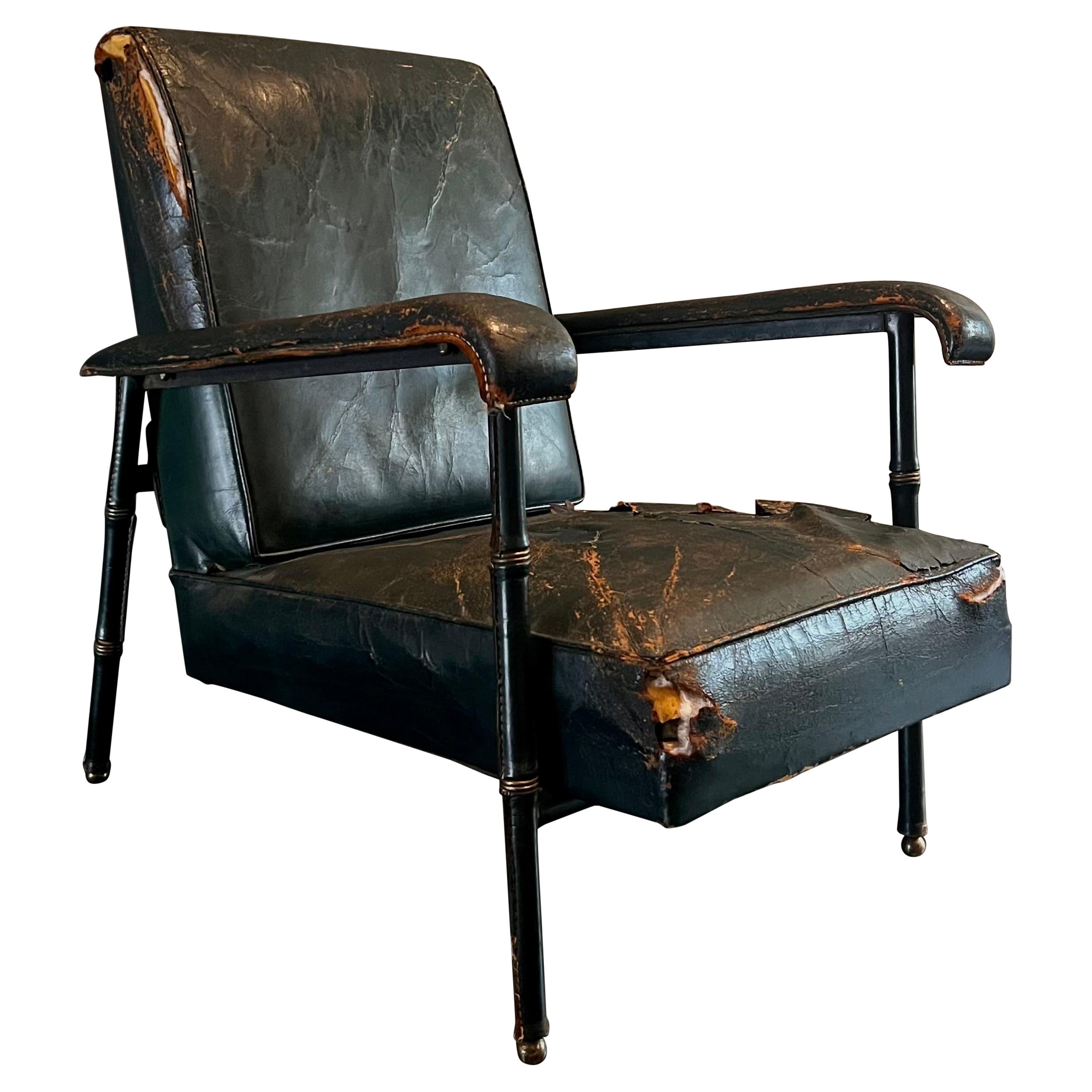 Museum-Quality 1950s Adnet Armchair in Original Green Hemstitched Leather For Sale