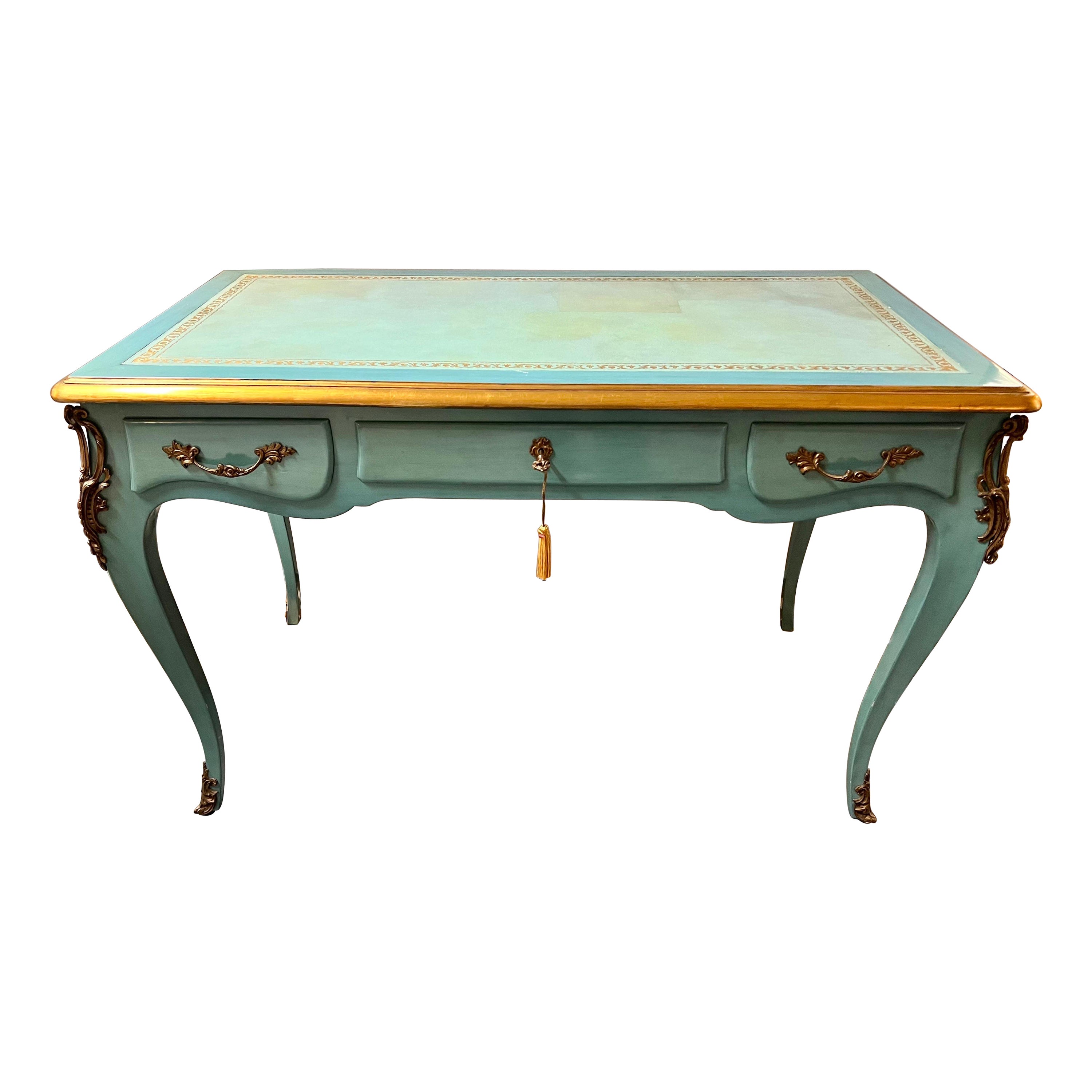 French Louis XV Style Turquoise Hand Painted Desk Writing Table