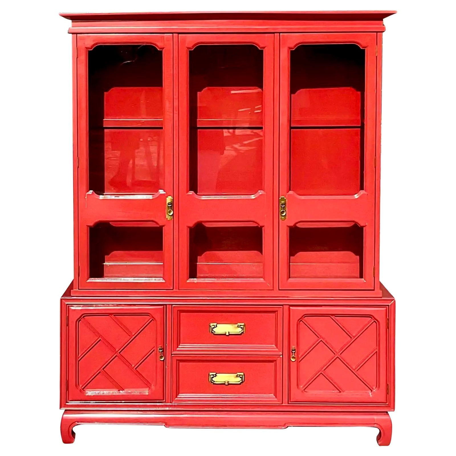 Vintage Regency Coral Red Lacquered American of Martinsville Display Cabinet