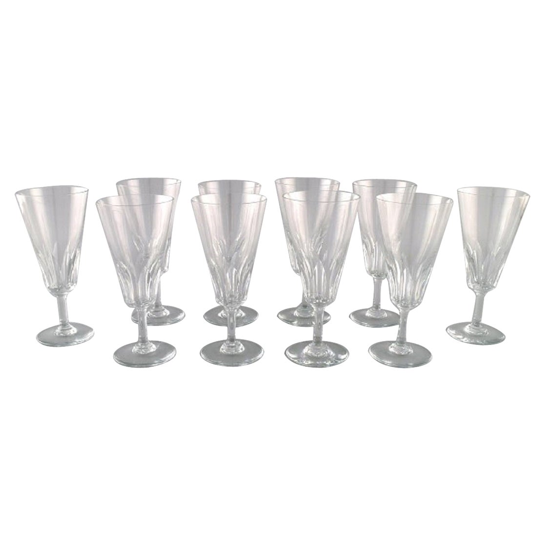 Baccarat, France, 10 Art Deco Champagne Flutes in Clear Crystal Glass For Sale