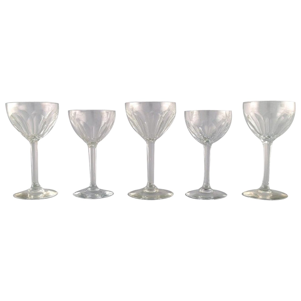 Baccarat, France, Five Art Deco Wine Glasses in Clear Crystal Glass