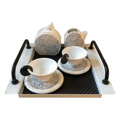 Vintage 1980s Memphis Style Black and White Metal Tray and Ceramic Tea Set by Mas