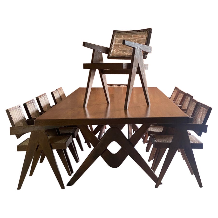 Pierre Jeanneret Dining Table & Twelve Chairs Teak Chandigarh, Circa 1963-1964