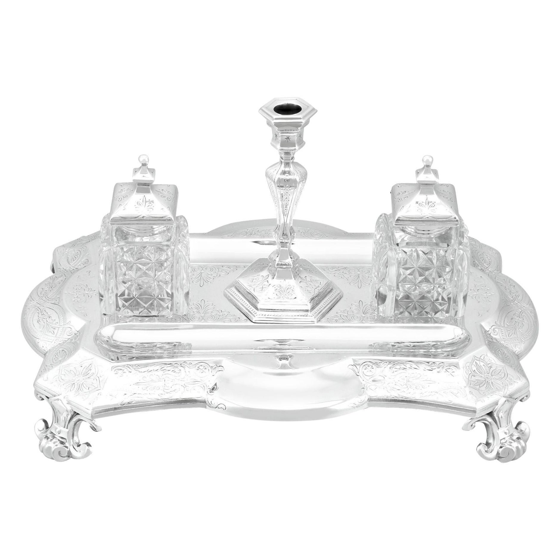 Antique Victorian Sterling Silver and Glass Inkstand / Desk Standish For Sale