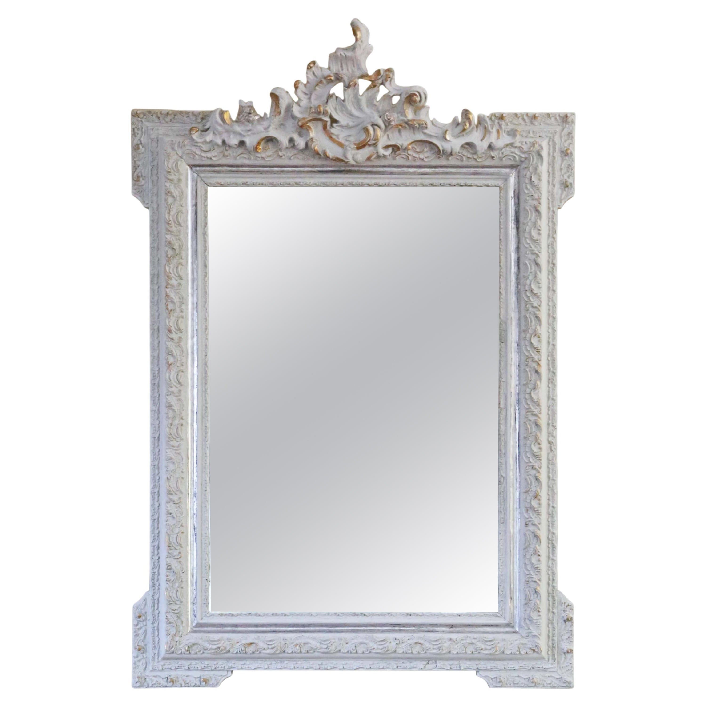 Antique Large Light Grey and Gilt Overmantle Wall Mirror For Sale