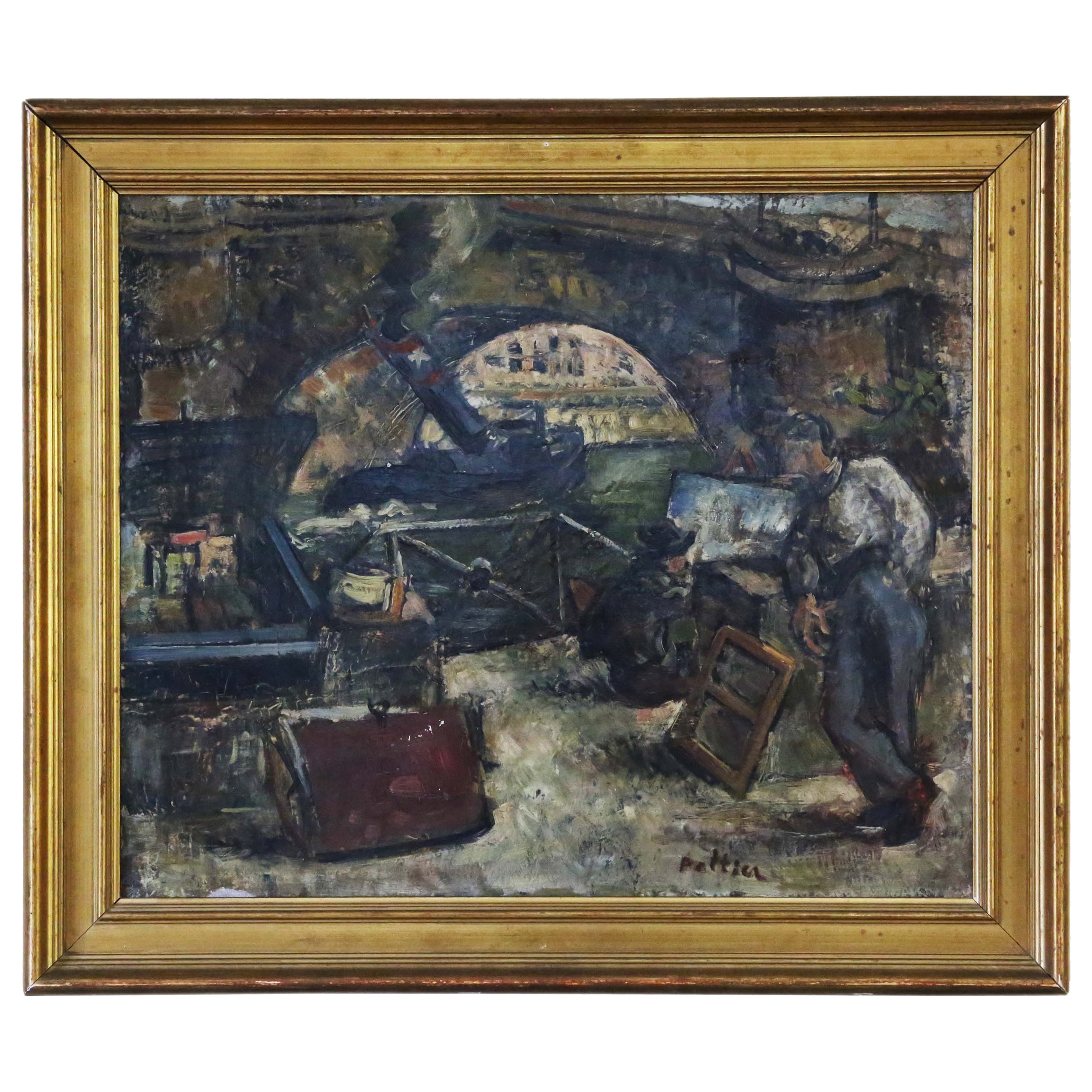 Large Oil on Canvas Painting Artwork by Pierre Peltier Vintage Antique City For Sale