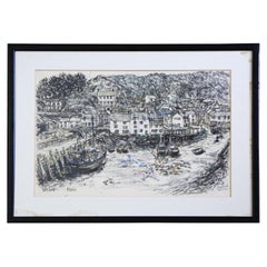 Large Pen and Wash Painting Artwork Polperro Harbour by Peter Ford Vintage