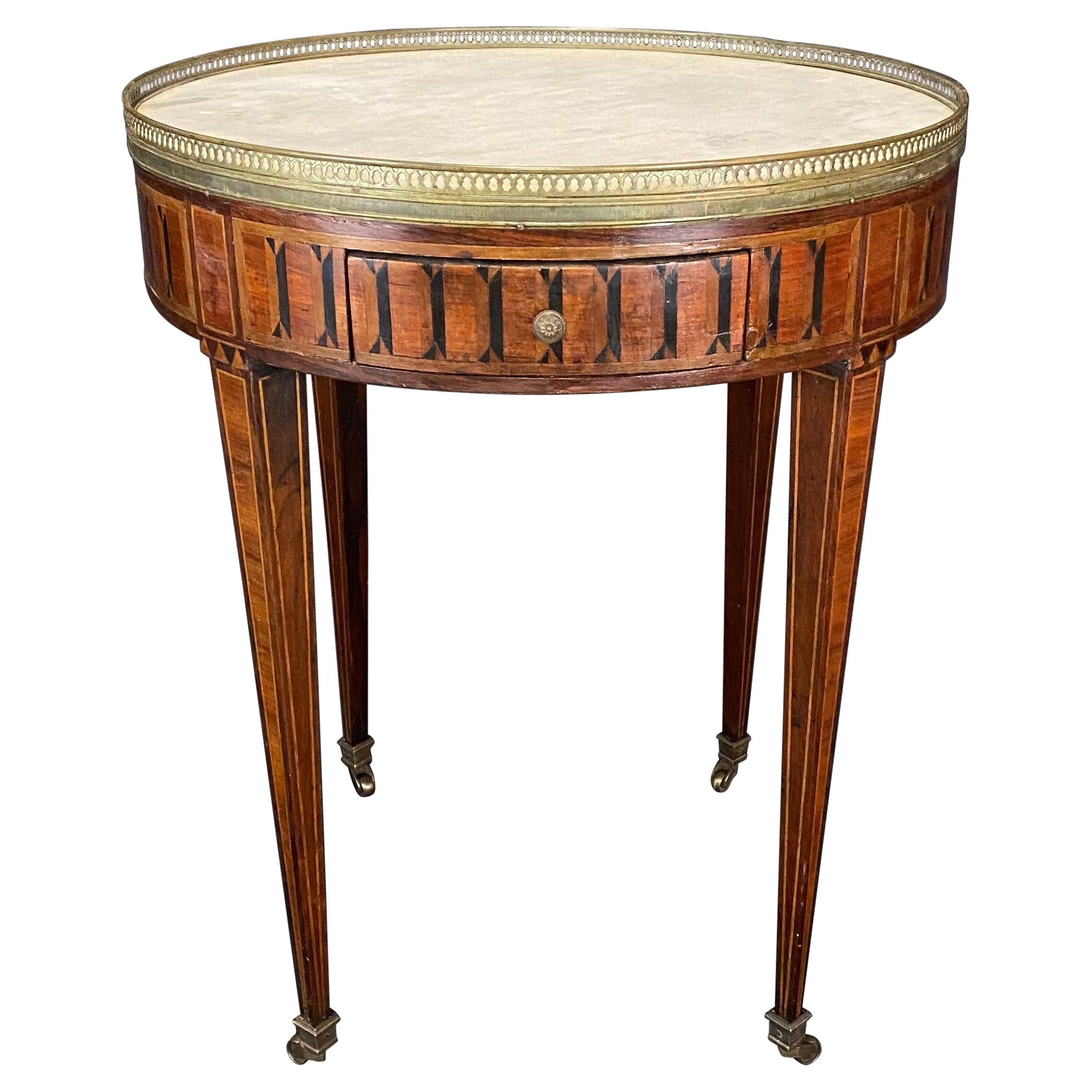 French Louis XVI Antique Marble Top Bouilette Marquetry Table For Sale