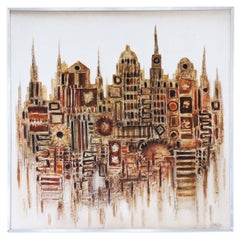 Large Brutalist City Scape Relief Painting Artwork by Craig Spence Vintage