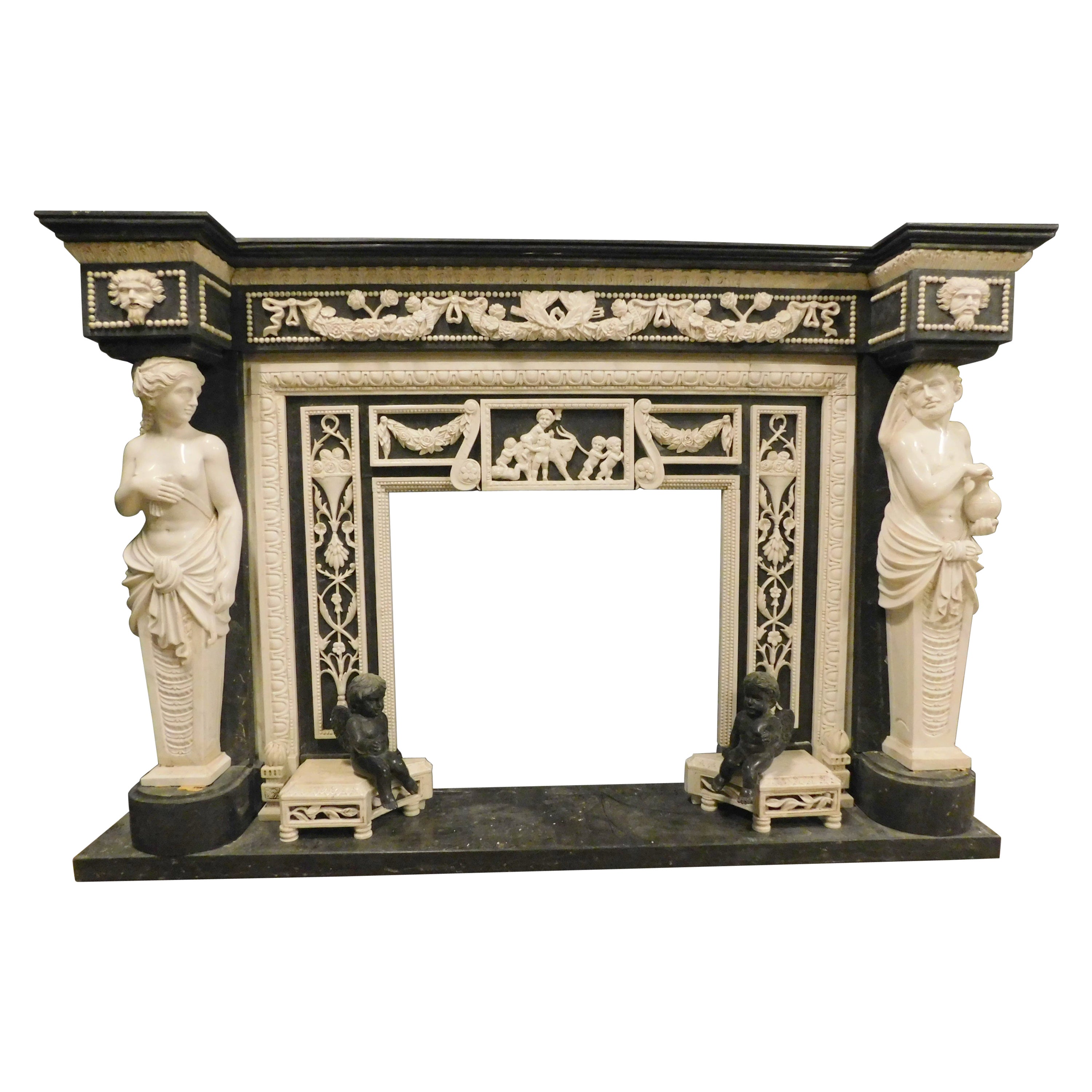 Fireplace Mantle Black and White Marble, Richly Carved, Neoclassical from Italy