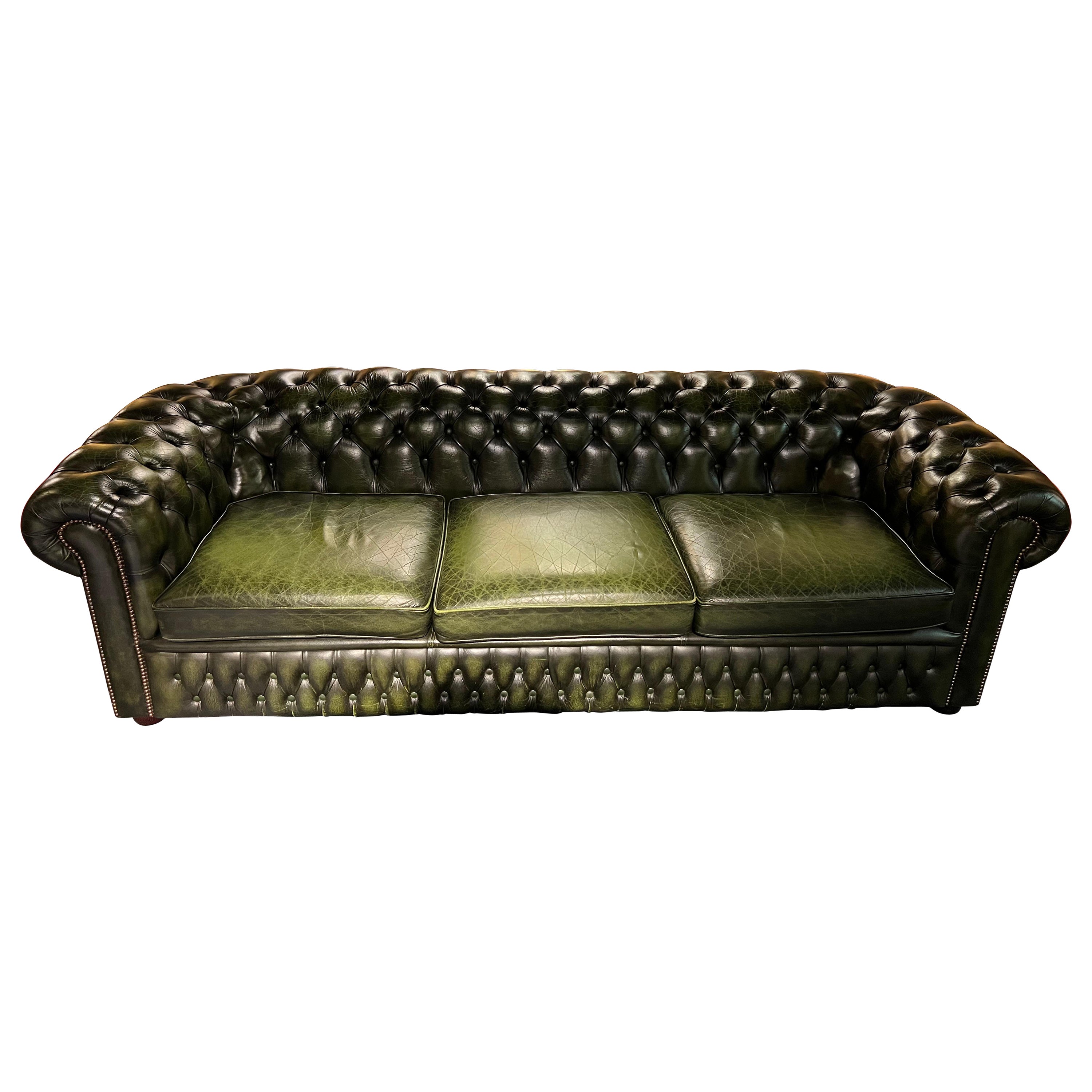 Original vintage English Dark Green Chesterfield Leather Windsor 4-Seater Sofa