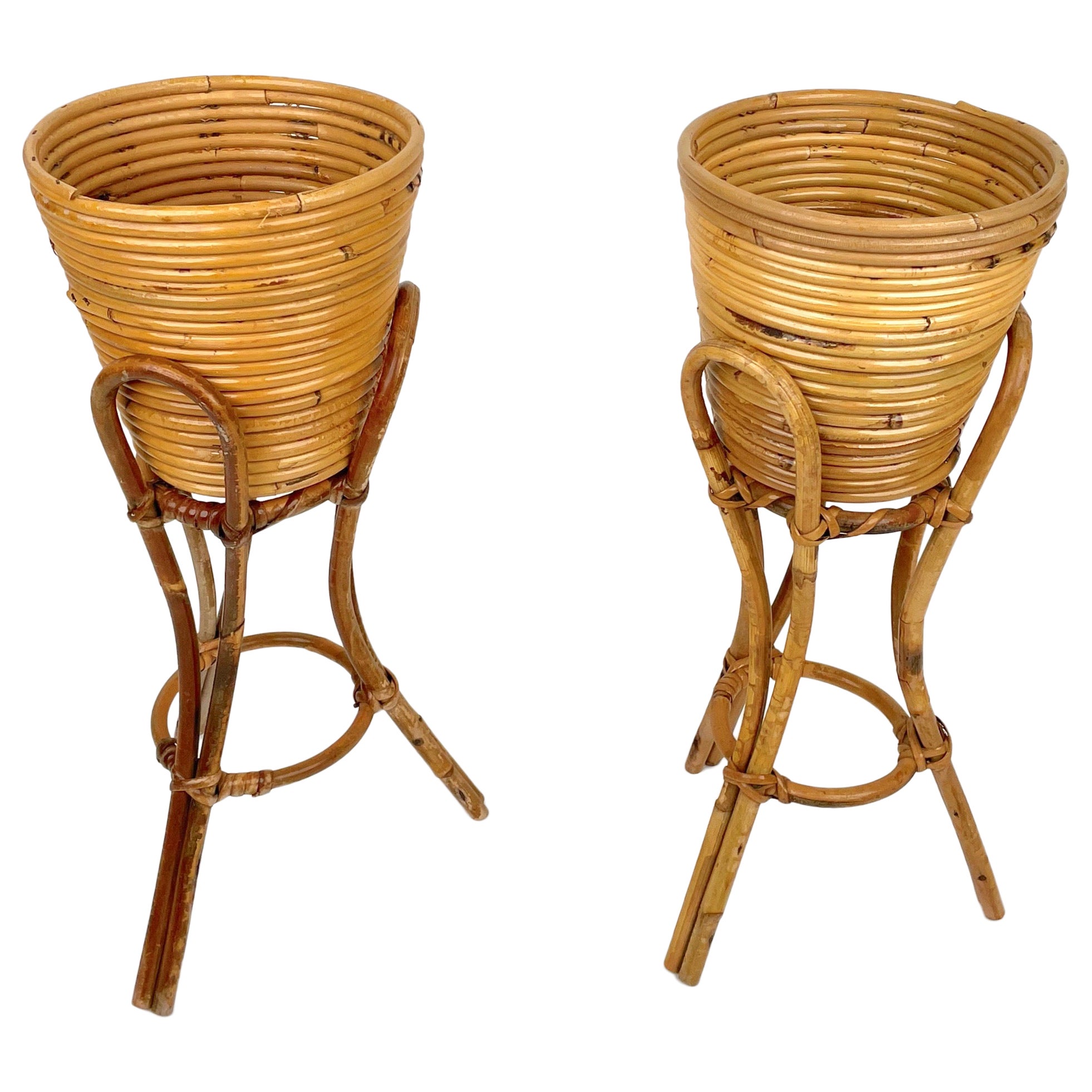 Mid-Century Pair of Planters Vases Holders Rattan & Bamboo, Italy 1960s For Sale
