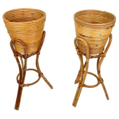 Vintage Mid-Century Pair of Planters Vases Holders Rattan & Bamboo, Italy 1960s