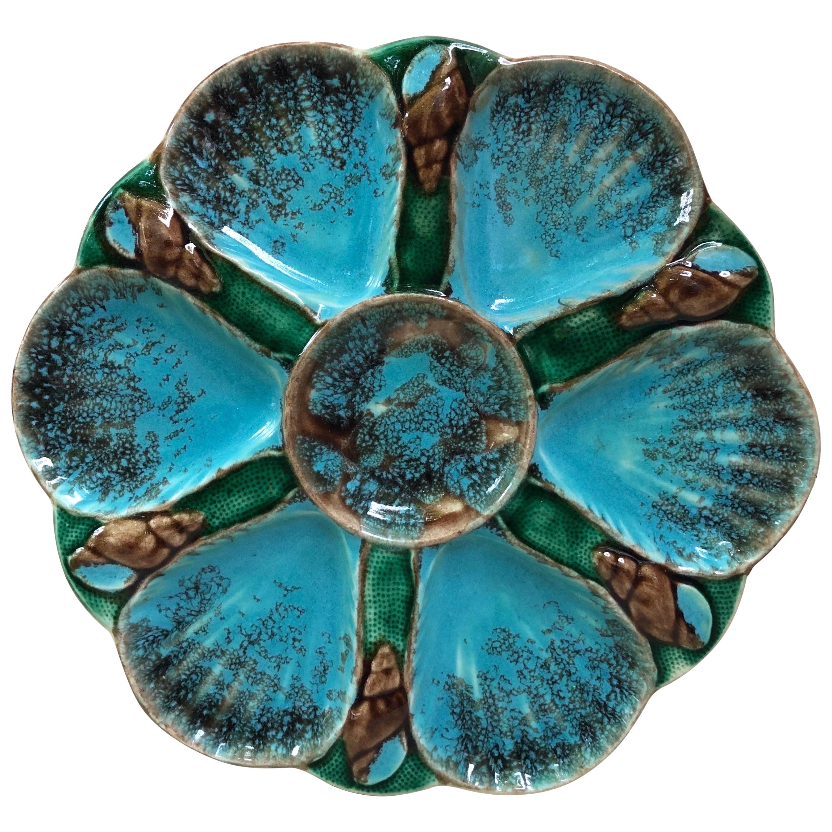 19th Century Very Rare French Majolica Oyster Plate Clairefontaine