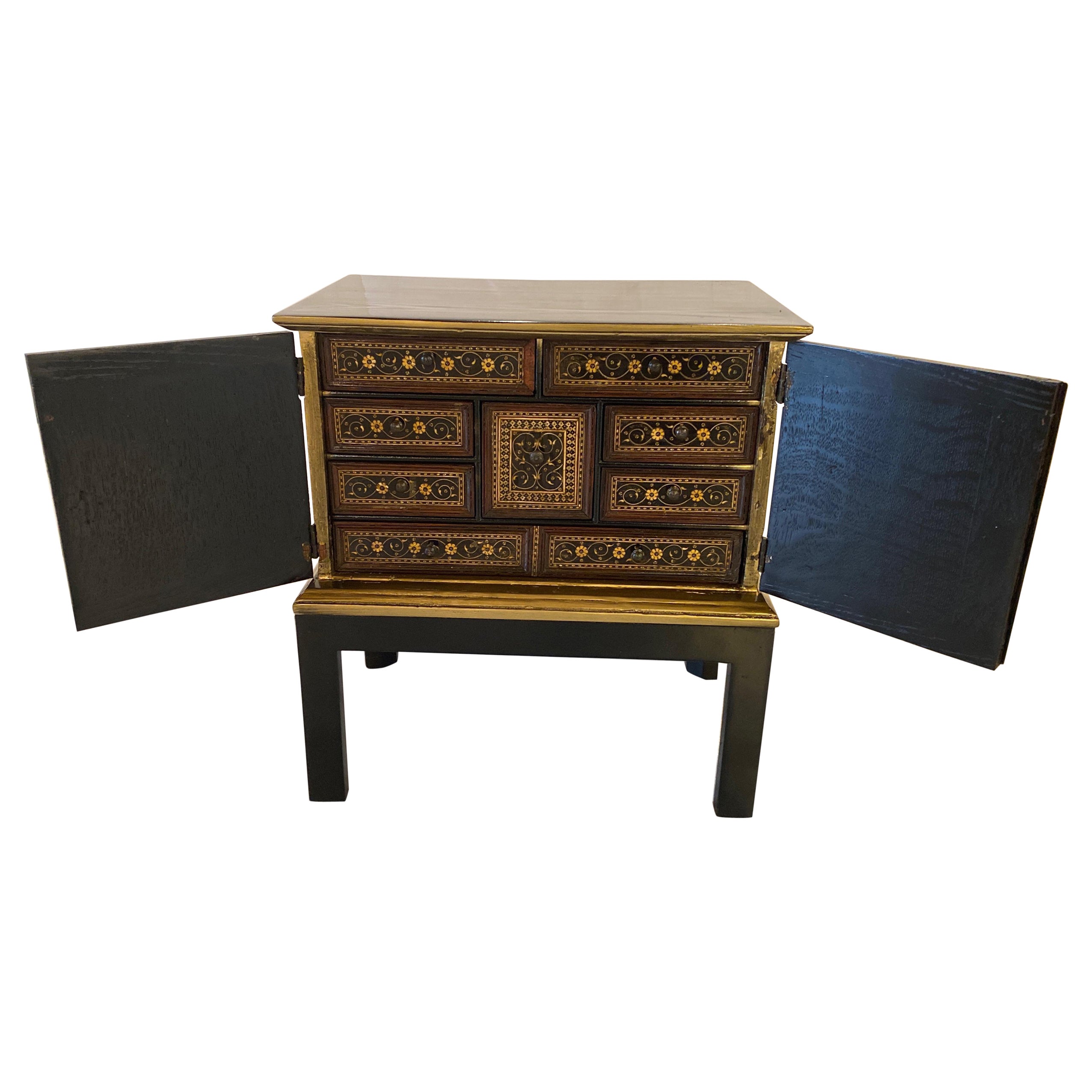 Diminutive Anglo-Indian Black and Gold Lacquered Spice Cabinet For Sale