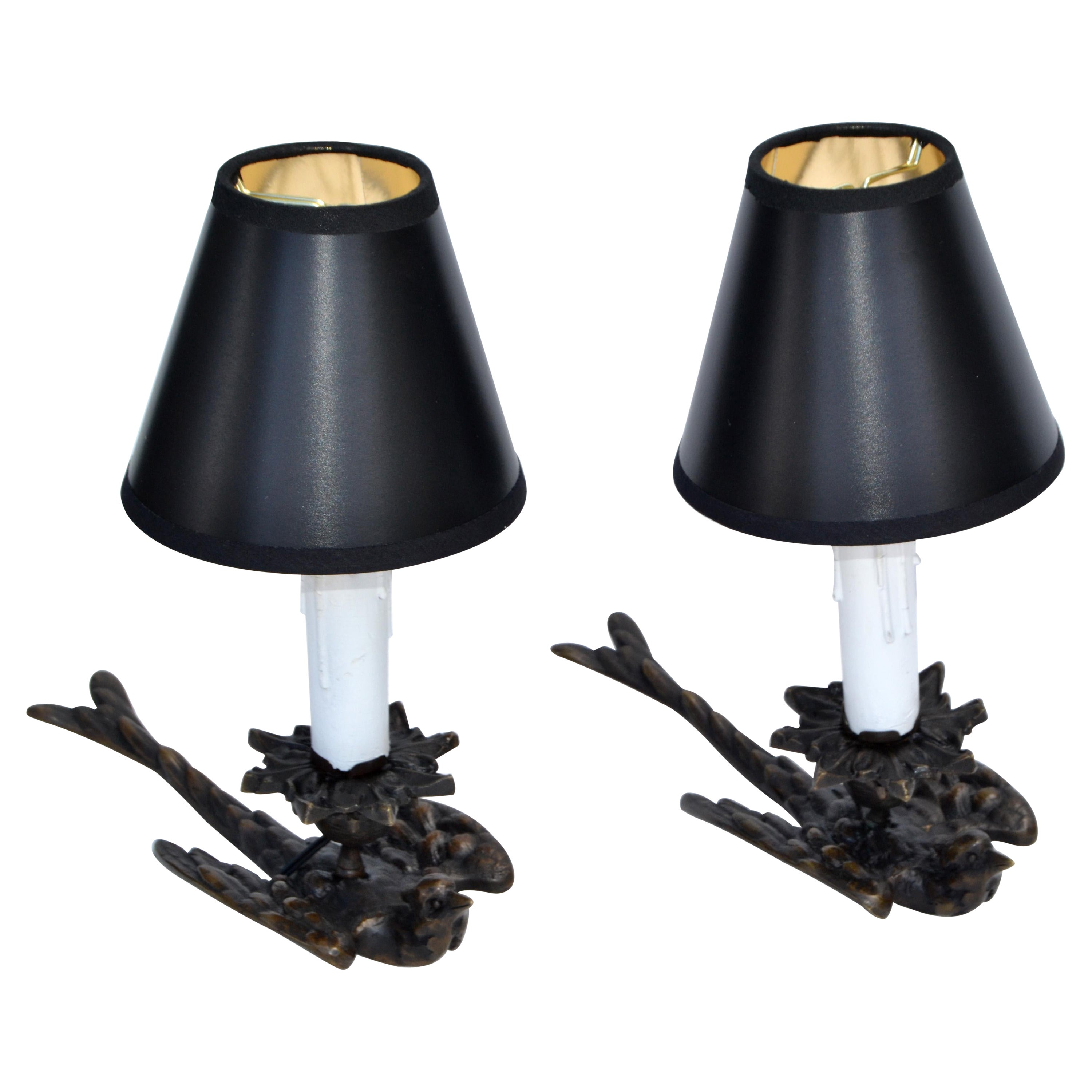 Art Deco Pair Bronze Swallow Bird French Night Stand Table Reading Lamps Shades  For Sale