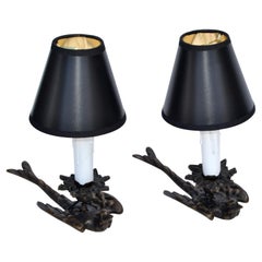 Art Deco Pair Bronze Swallow Bird French Night Stand Table Reading Lamps Shades 
