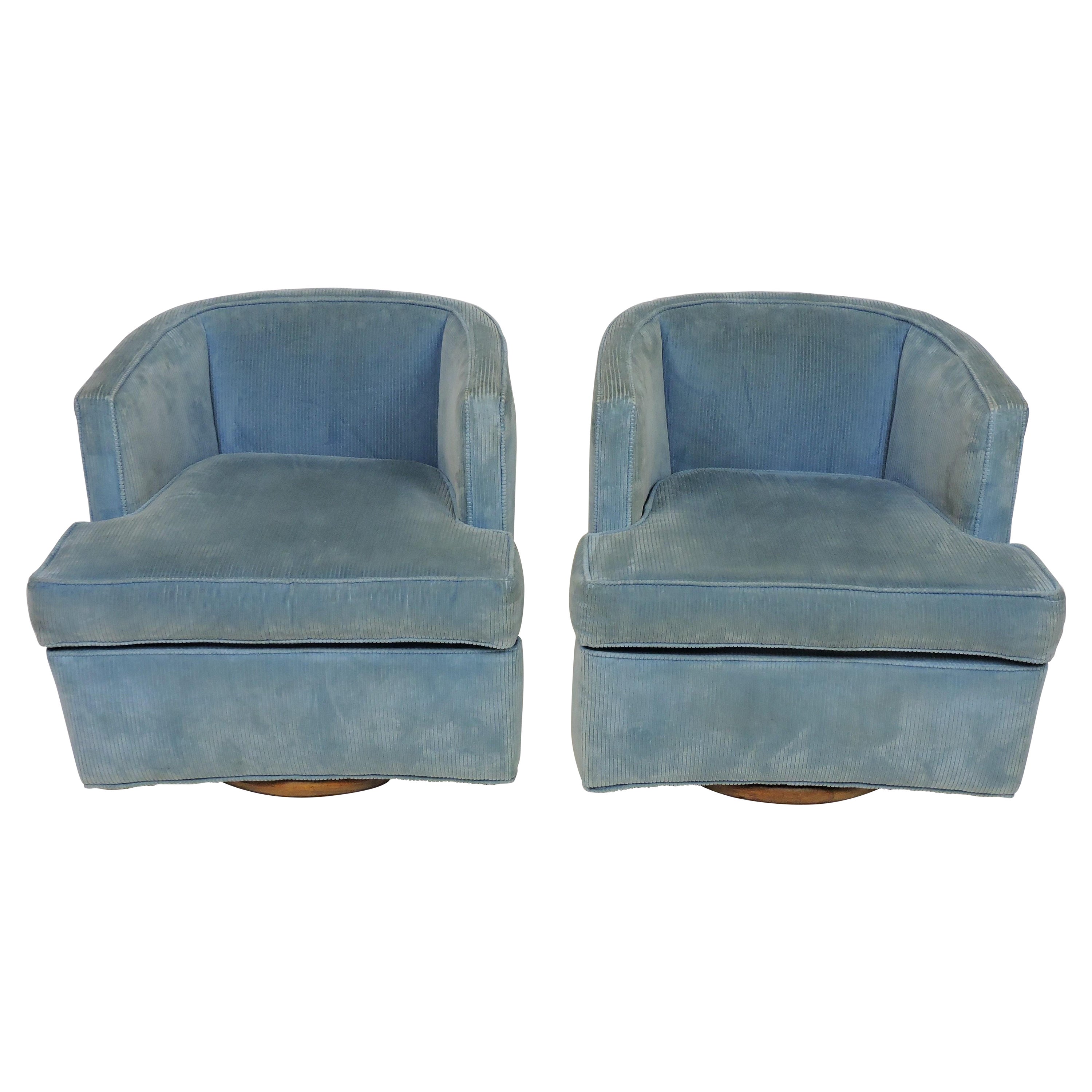 Pair of Harvey Probber Lounge Swivel Barrel Back Club Chairs with Wooden Bases