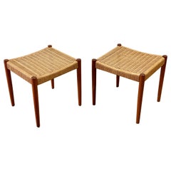 Pair Midcentury Teak and Danish Cord Stools by Poul Volther for Frem Rojle