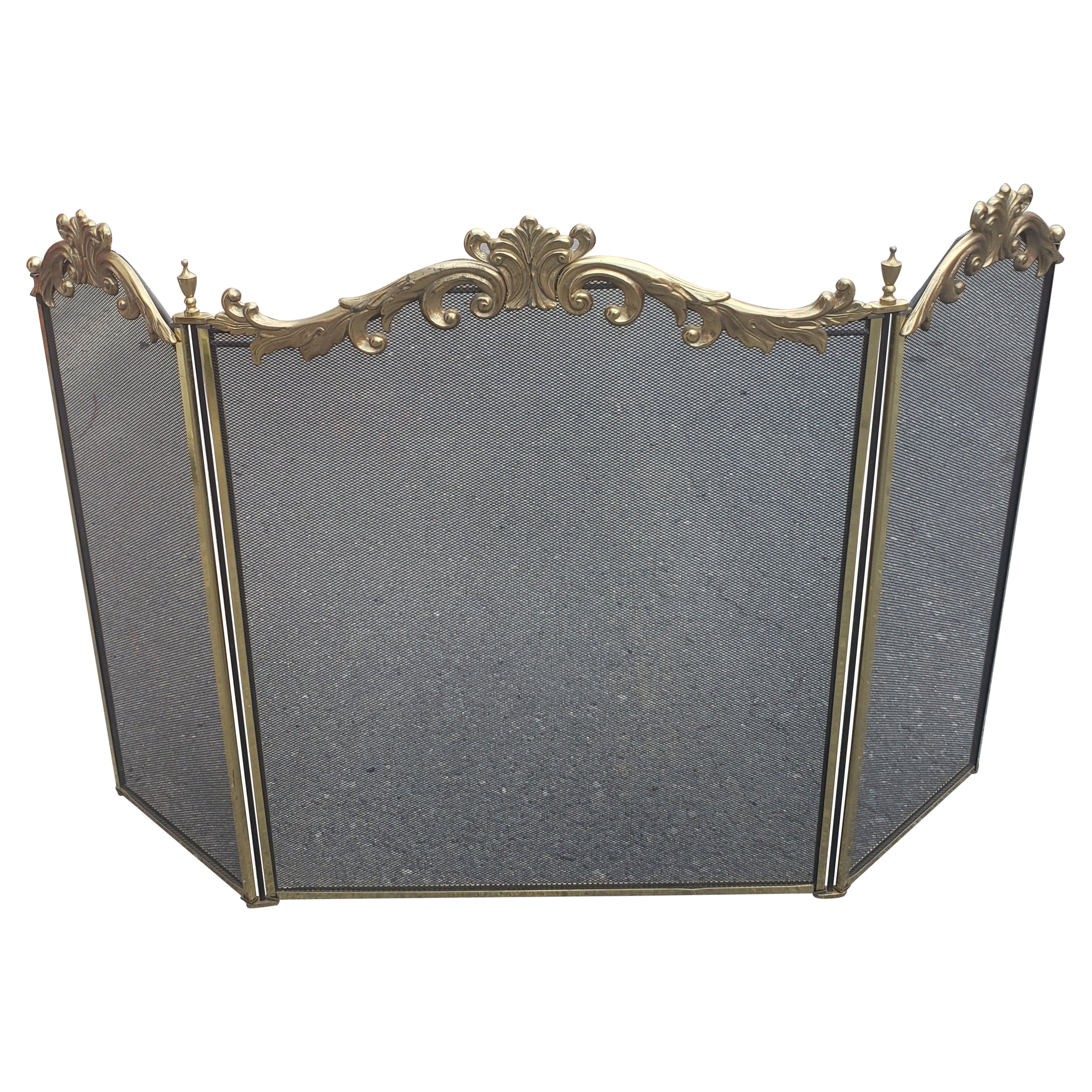 Antique French Brass and Etched Glass Fireplace Screen r, circa 1930