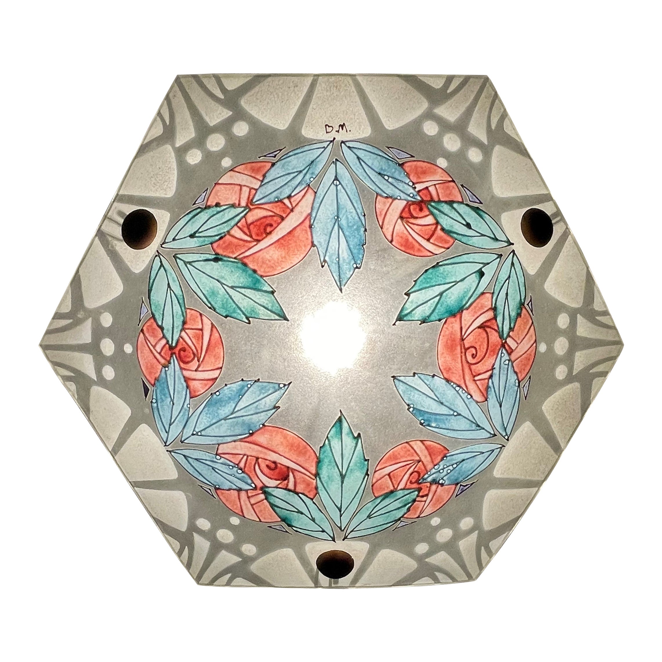 Émaillée Art Déco avec Lampe à suspension en verre stylisée avec roses et feuilles de roses Loys Lucha Style
