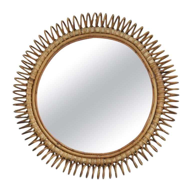 Mid-Century Italian Rattan Round Wall Mirror For Sale