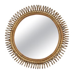Mid-Century Italian Rattan Round Wall Mirror