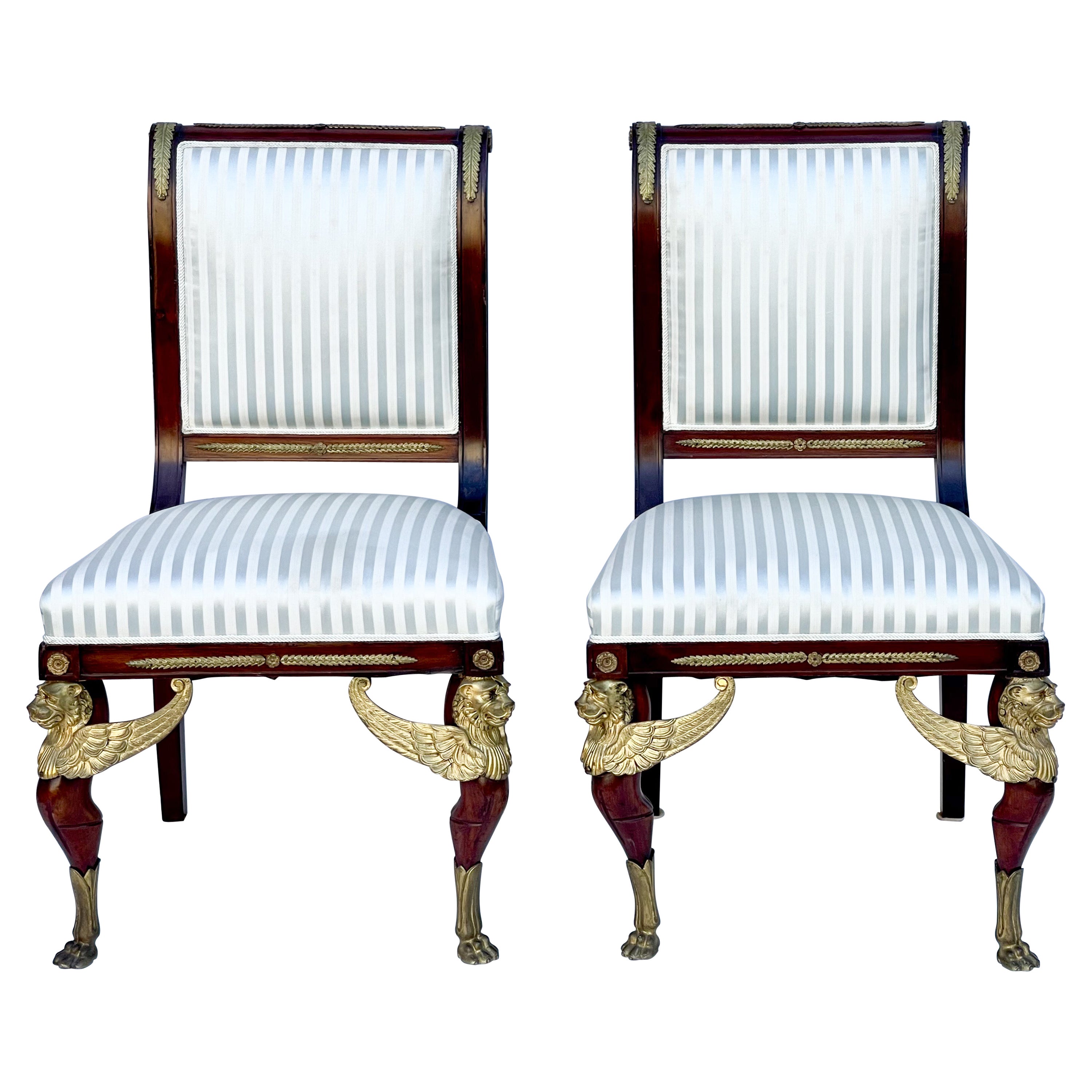 Late 19th-C. French Empire Gilt Bronze Mahogany Side Chairs - Pair 