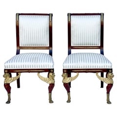 Antique Late 19th-C. French Empire Gilt Bronze Mahogany Side Chairs - Pair 