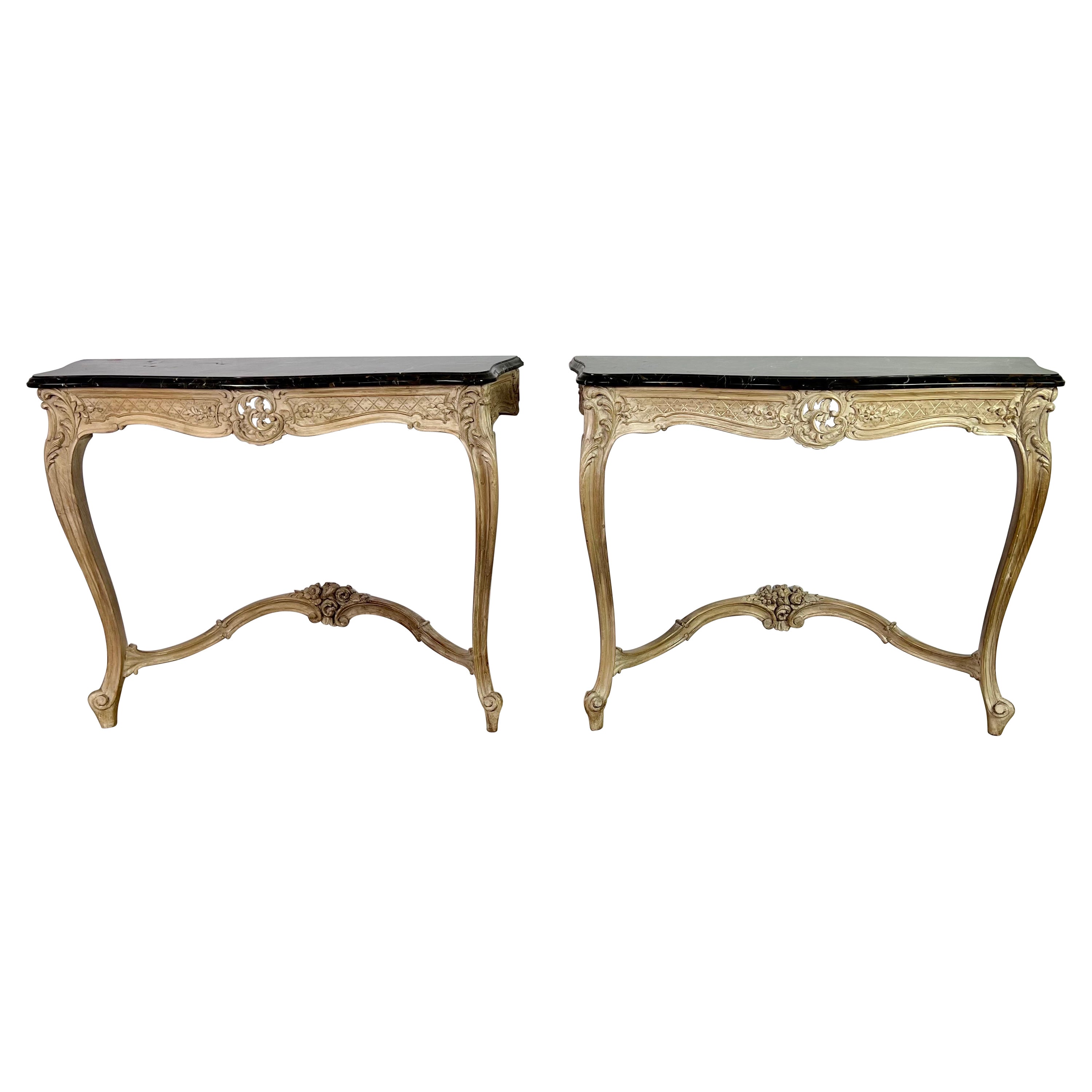Pair of French Walnut Consoles with Marble Tops C. 1930's