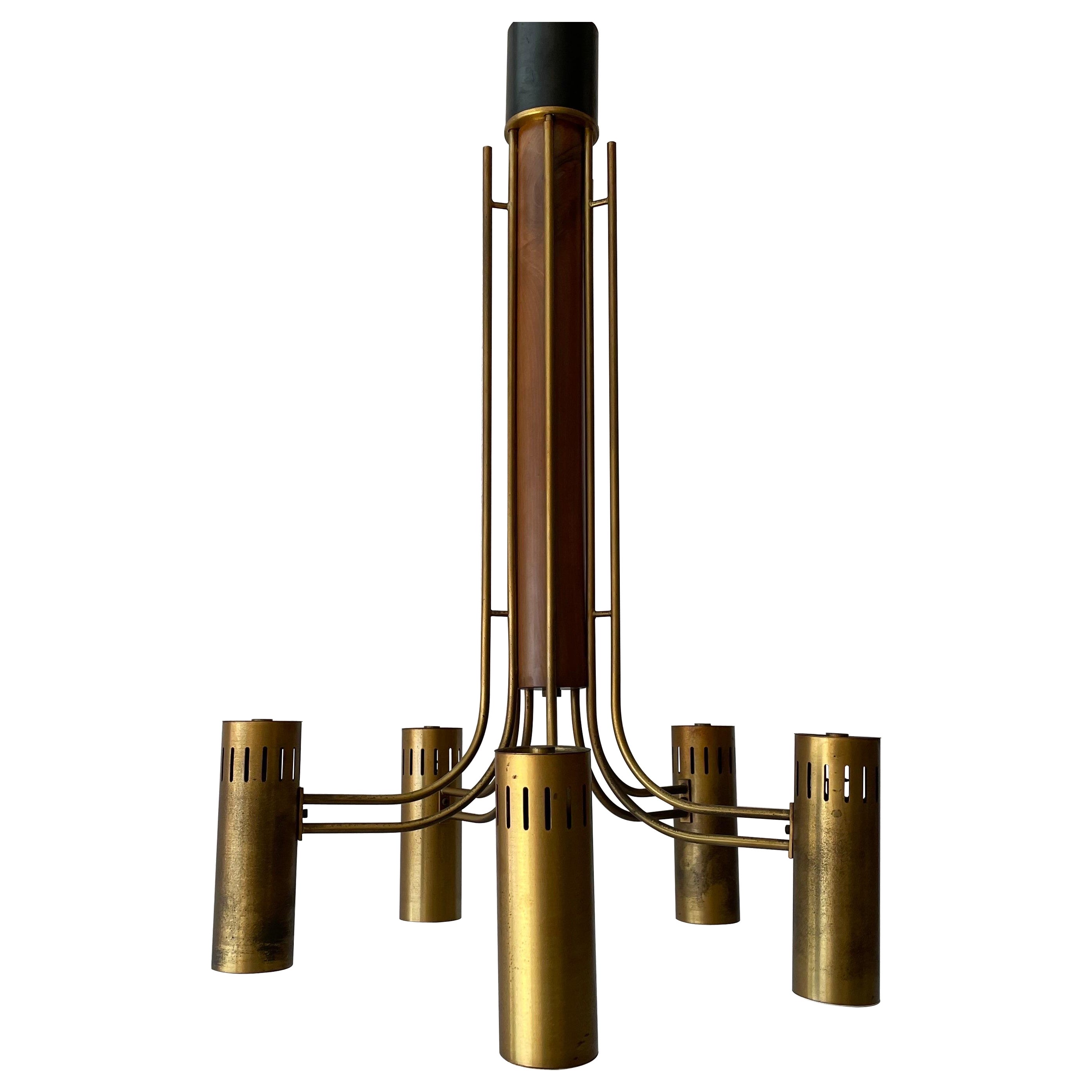 Brass and Wood Flush Mount Chandelier Angelo Brotto for Esperia, 1970s, Italy 