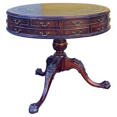 English Leather Top Georgian Style Mahogany Drum Table with Ball & Claw Feet