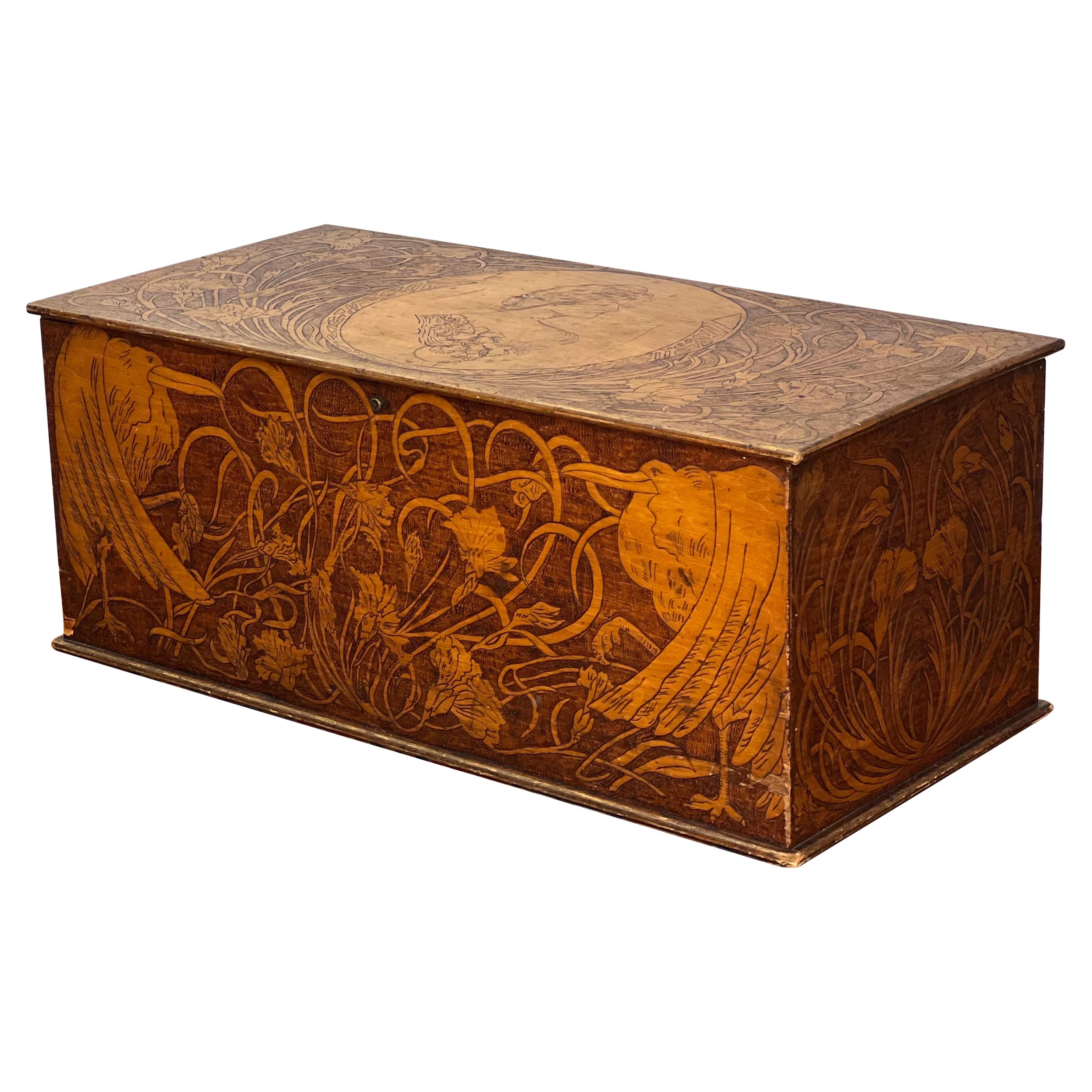 Antique Pyrography Blanket Storage Chest For Sale