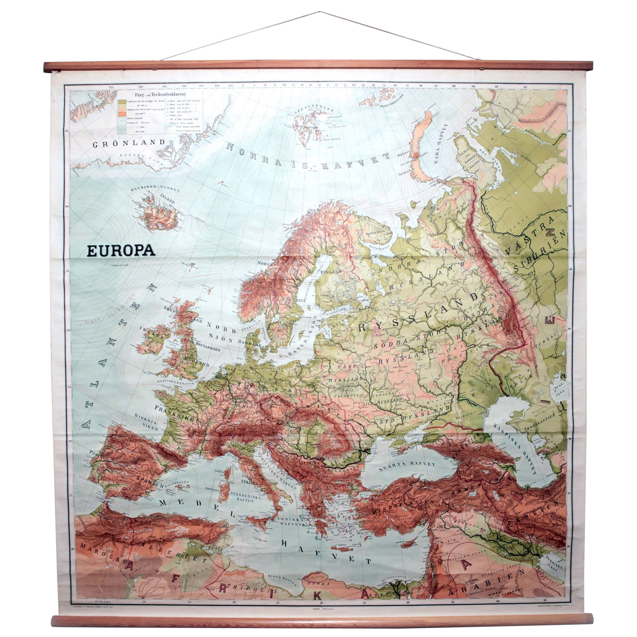 Vintage Swedish School Map of Europe, Large, Made in Sweden, 1905 For Sale