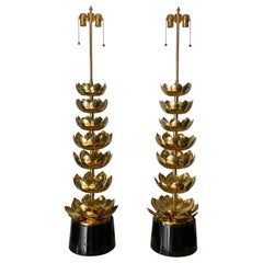 Vintage Pair of Feldman Brass Lotus Lamps