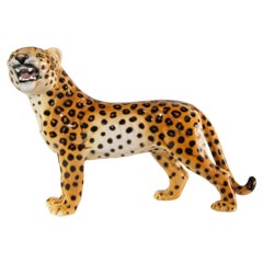 Vintage Italian Mid-Century Glazed Porcelain Leopard Sculpture