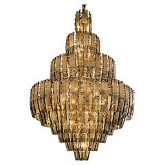 Monumental Mid-Century Modern Tiered Chandelier with Amber Tinted Glass Crystals