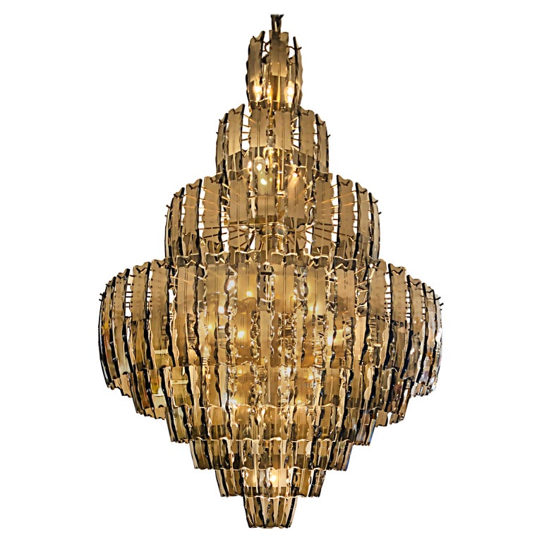 Monumental Mid-Century Modern Tiered Chandelier with Amber Tinted Glass ...