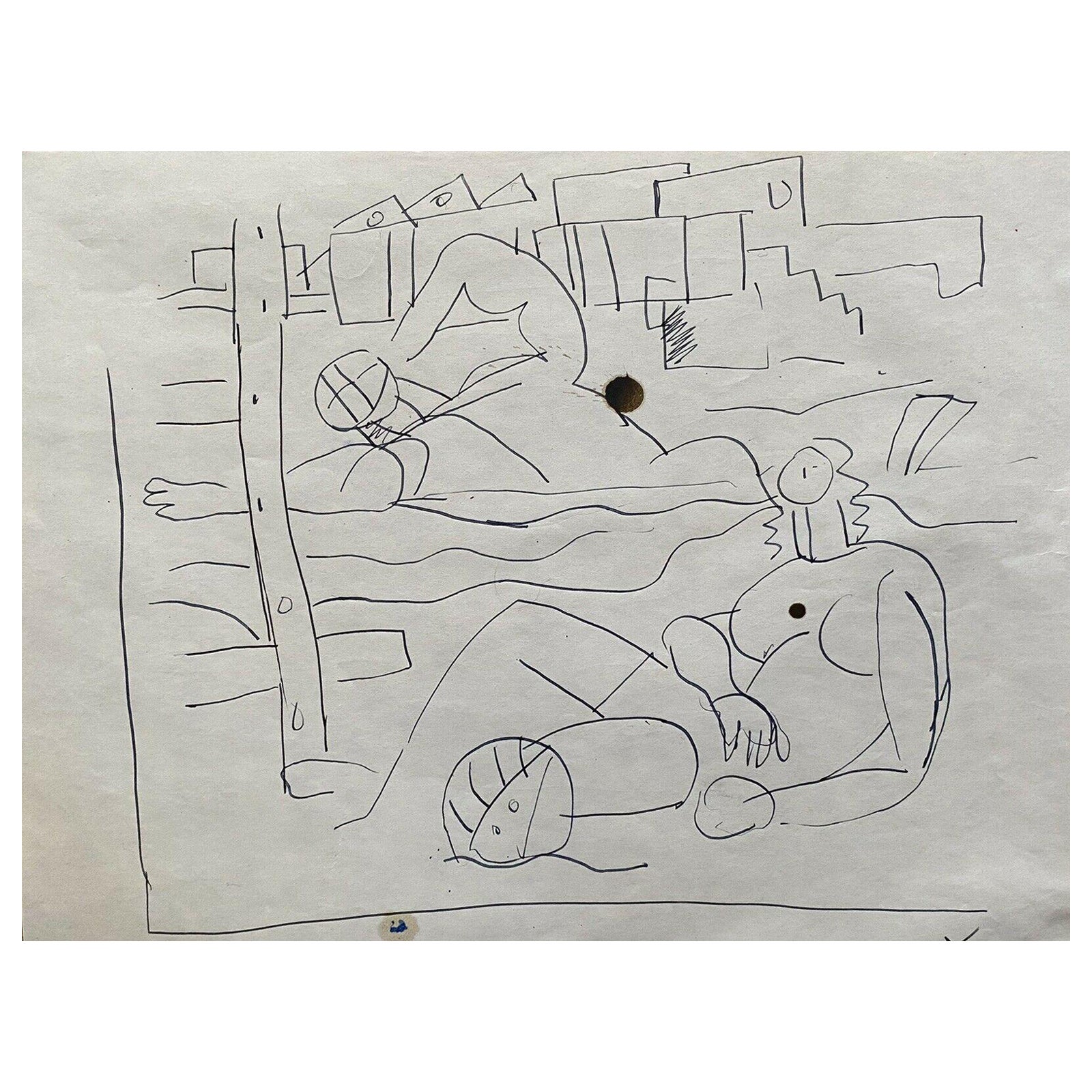 Original-Zeichnung mit Bleistift und Tusche, Figuren am Strand, Carlos Carnero