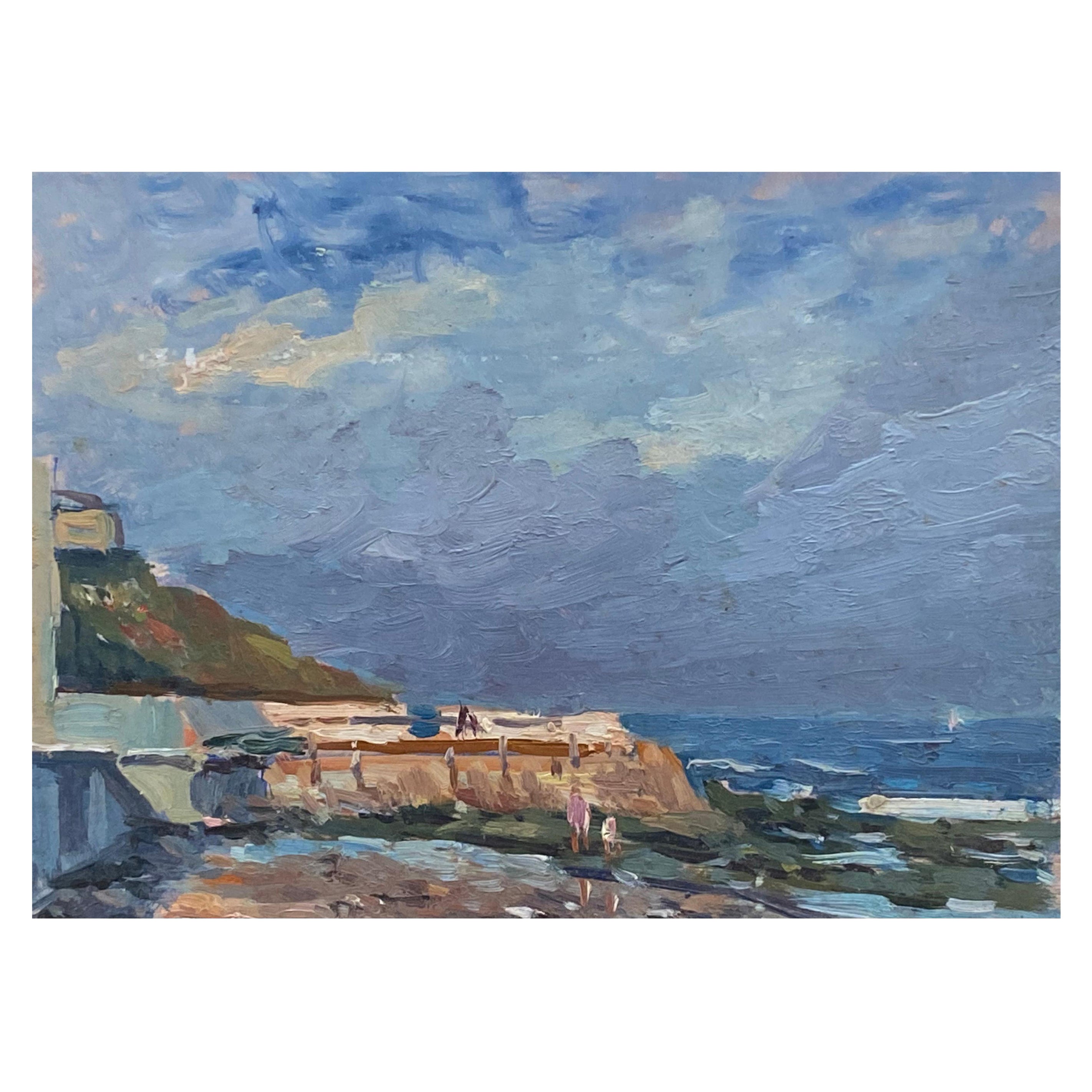 California Beach Scene by French Impressionist Artist -Signed Oil Coastal Scene For Sale