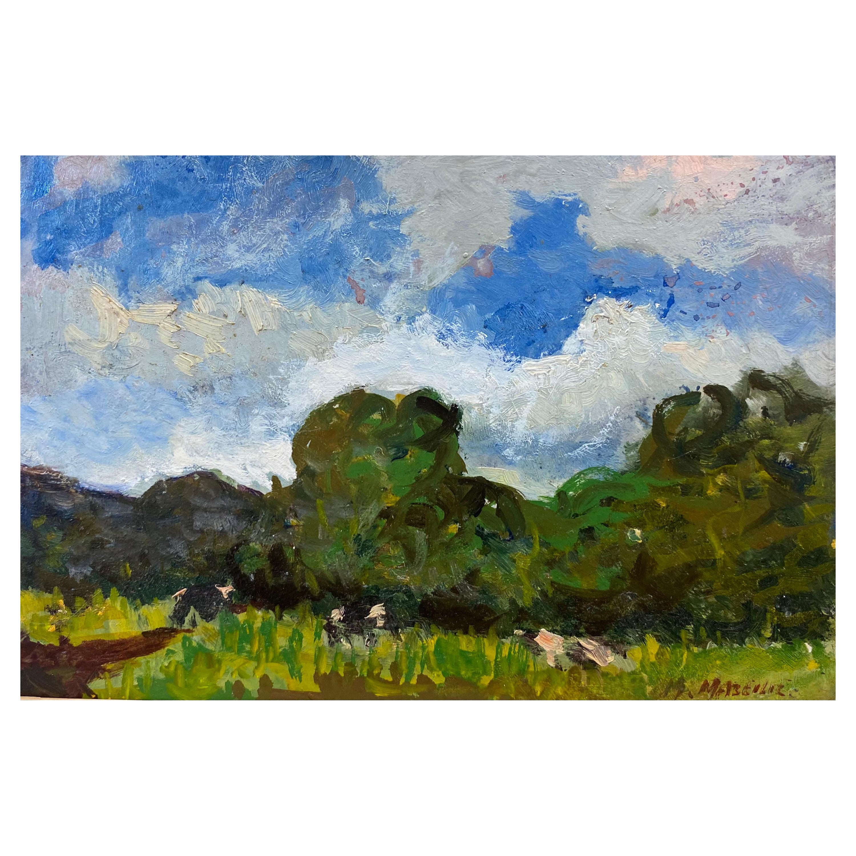 Französisches impressionistisches Ölgemälde, pastorale Landschaft, üppige grüne Felder im Angebot