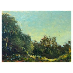 Huile impressionniste française signée, ciel bleu vif au-dessus d'un paysage forestier