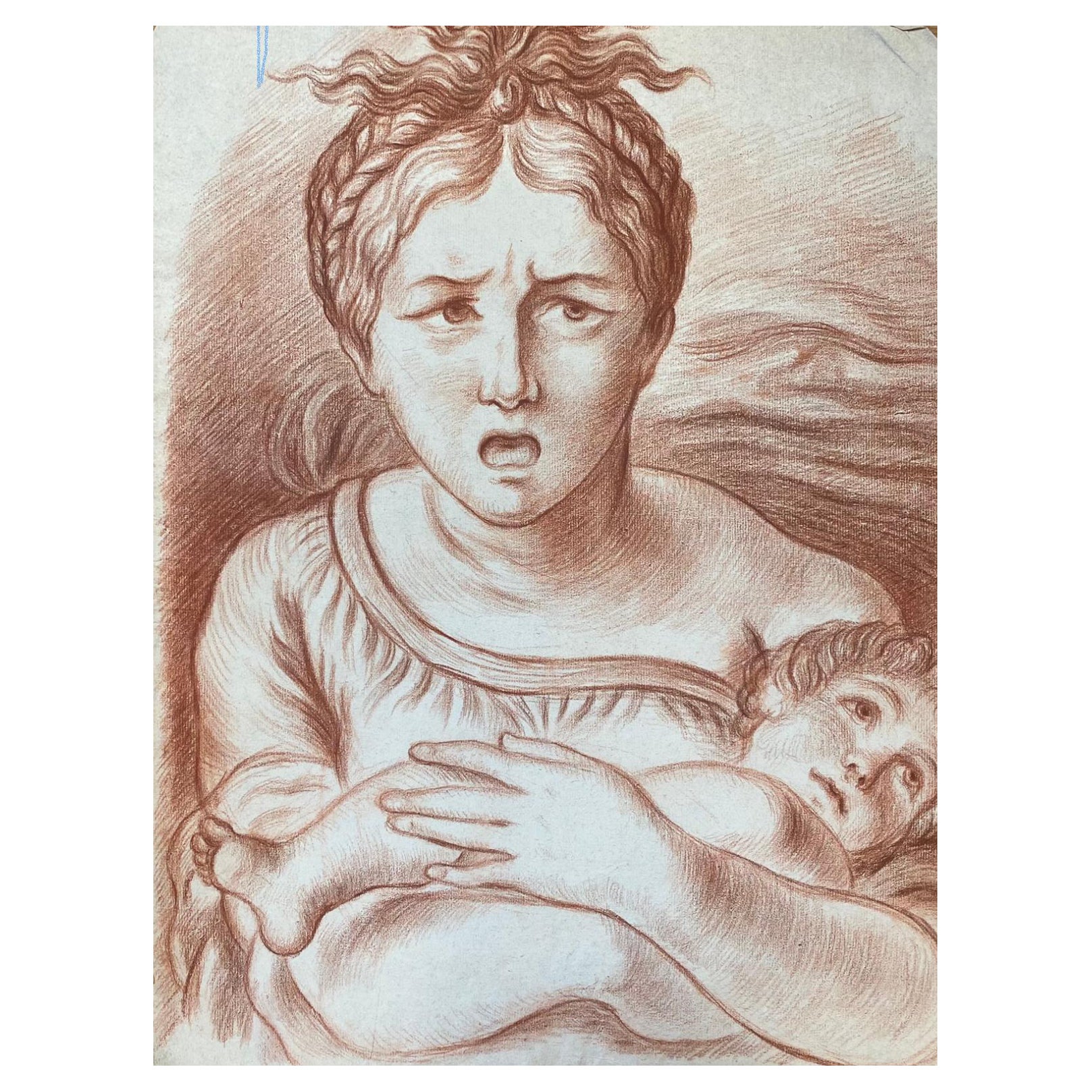 Antique French Old Master Sanguine Chalk Drawing Mother & Child Portrait